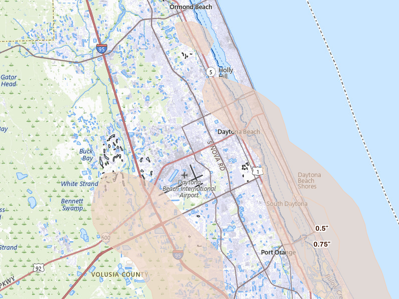 Radar-estimated hail-size map of the storm over Daytona Beach, FL on Jun 2, 2026