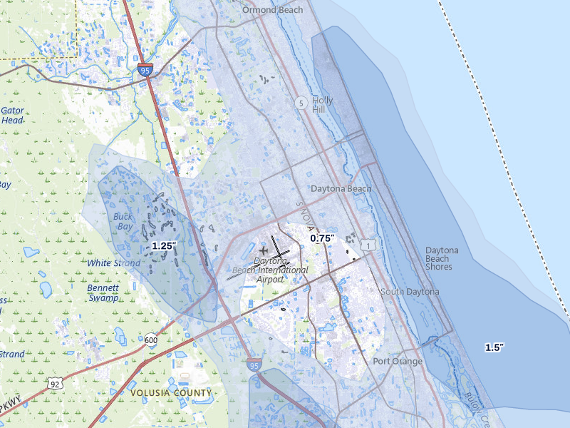 NEXRAD radar-signature map of the hail over Daytona Beach, FL