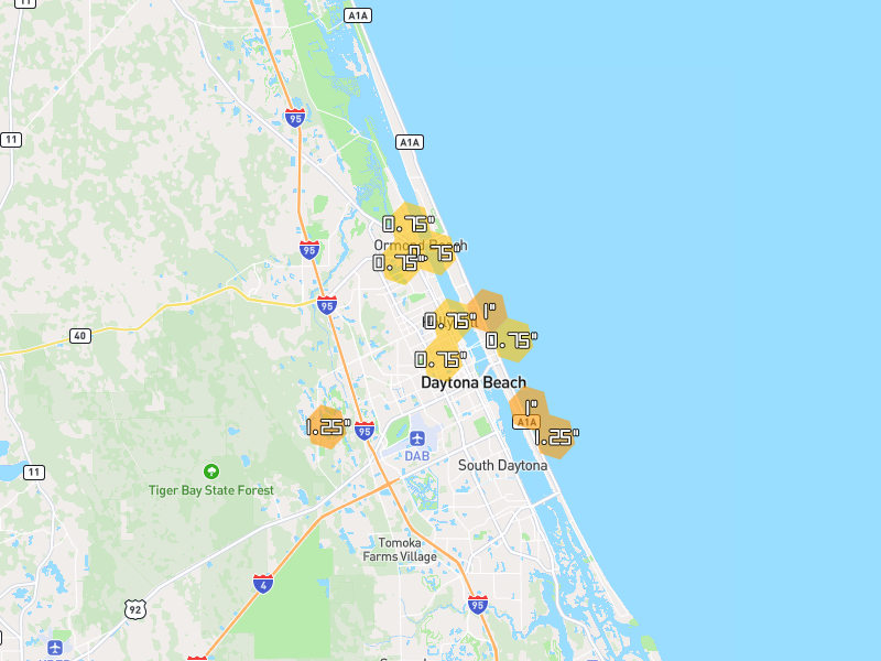Hail map of Daytona Beach, FL on Jun 2, 2026, hail up to 1.25"