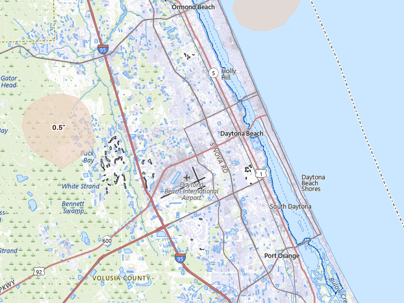 Radar-estimated hail-size map of the storm over Daytona Beach, FL on Jun 18, 2026