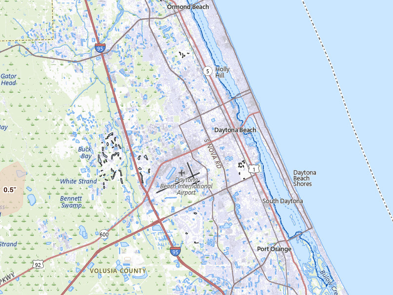 Radar-estimated hail-size map of the storm over Daytona Beach, FL on Jul 7, 2026