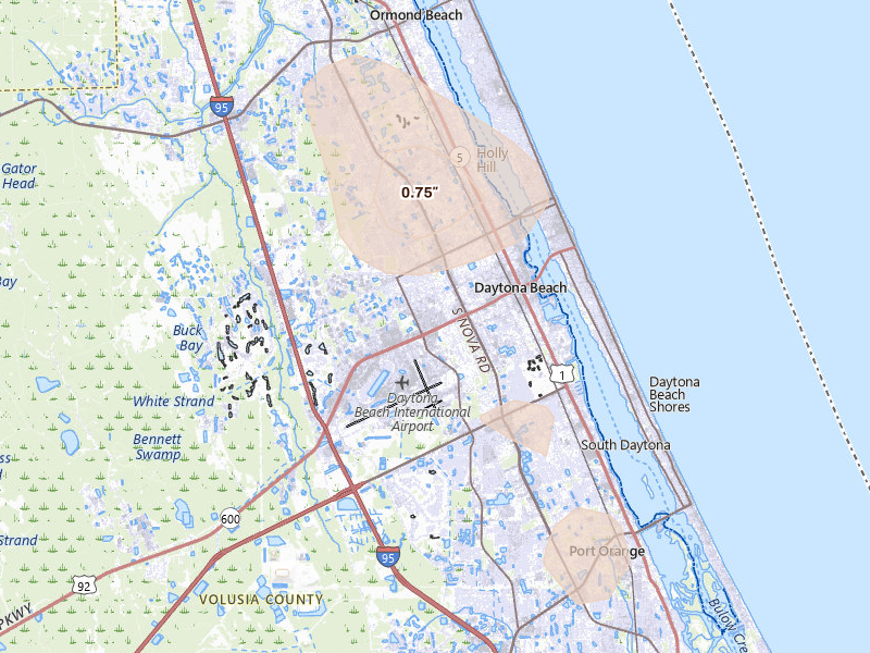 Radar-estimated hail-size map of the storm over Daytona Beach, FL on Jul 26, 2026