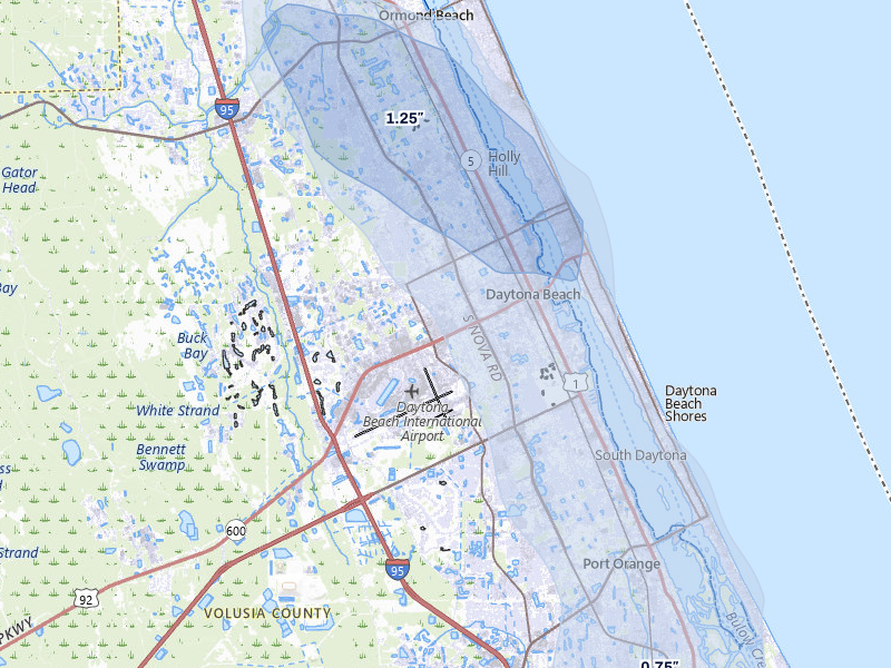 NEXRAD radar-signature map of the hail storm over Daytona Beach, FL on Jul 26, 2026