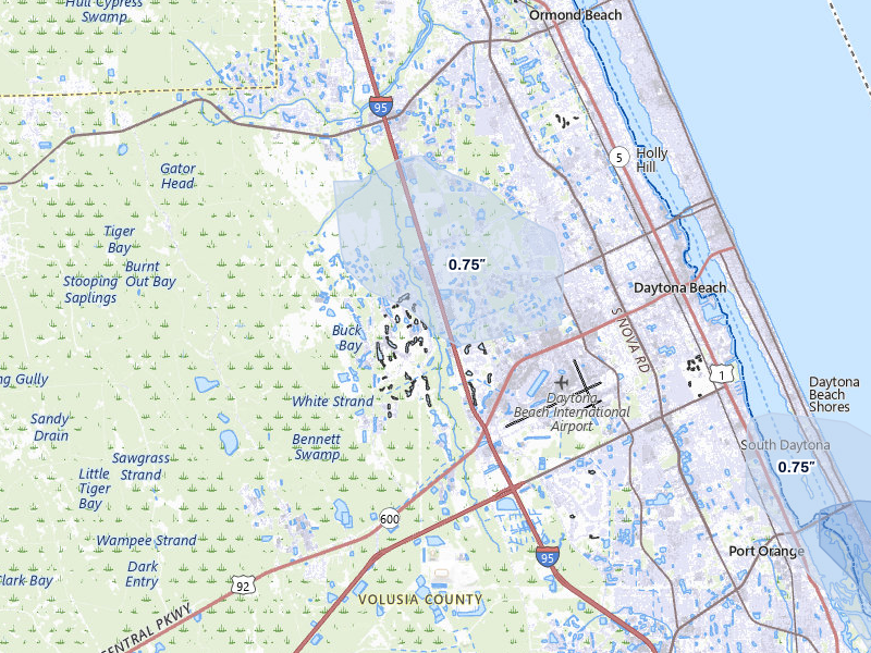 NEXRAD radar-signature map of the hail storm over Daytona Beach, FL on Aug 17, 2026