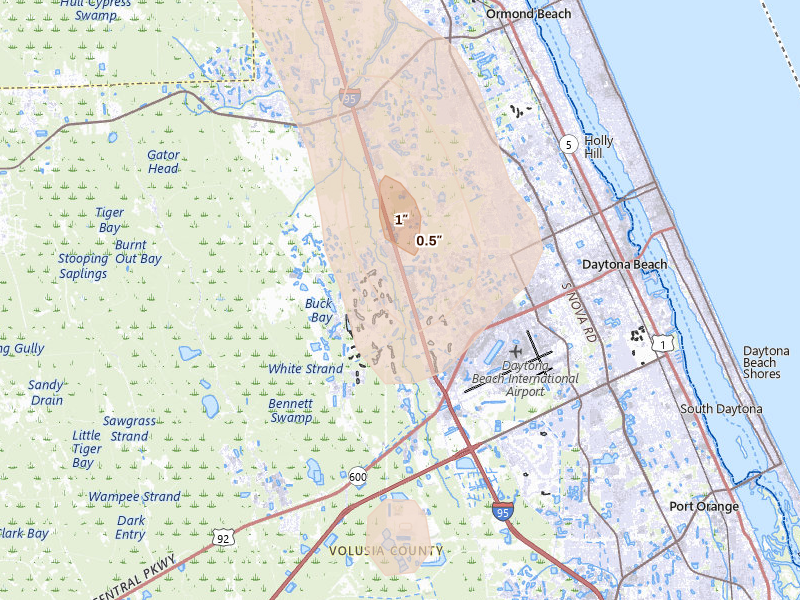 Radar-estimated hail-size map of the storm over Daytona Beach, FL on Aug 20, 2026