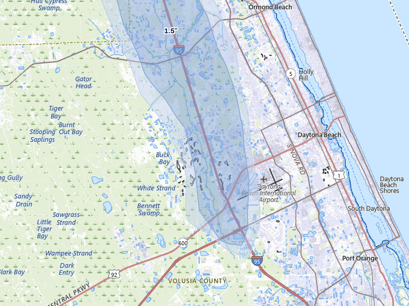 NEXRAD radar-signature map of the hail storm over Daytona Beach, FL on Aug 20, 2026