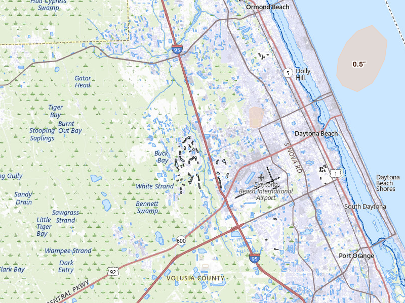 Radar-estimated hail-size map of the storm over Daytona Beach, FL on Aug 21, 2026