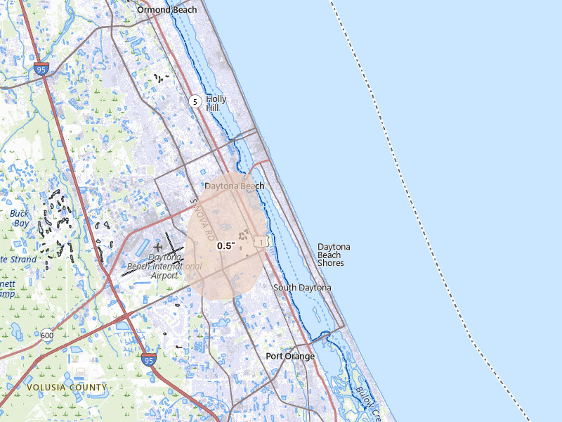 Radar-estimated hail-size map of the storm over Daytona Beach, FL on Aug 22, 2026