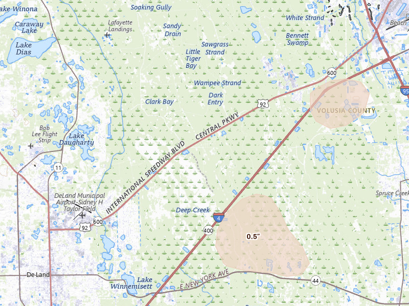 Radar-estimated hail-size map of the storm over Daytona Beach, FL on Aug 26, 2026