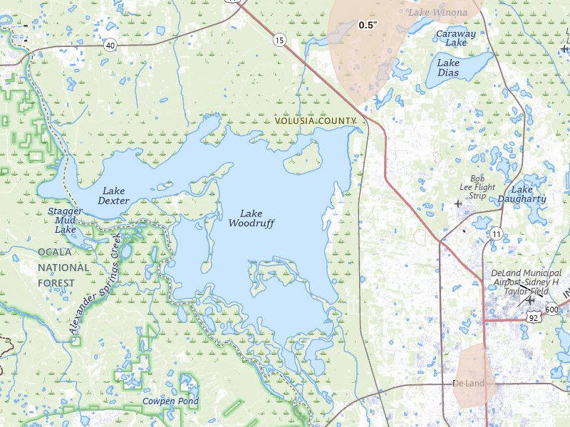 Radar-estimated hail-size map of the storm over De Leon Springs, FL on Jul 4, 2026
