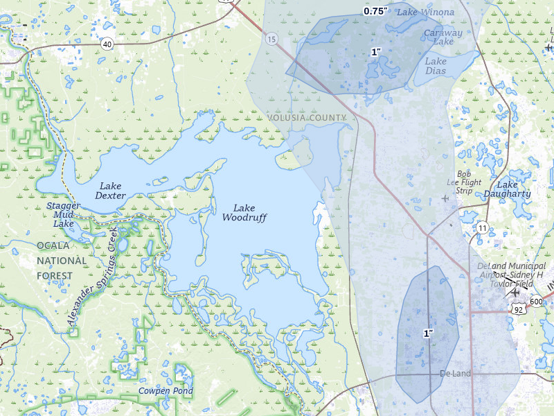 NEXRAD radar-signature map of the hail over De Leon Springs, FL