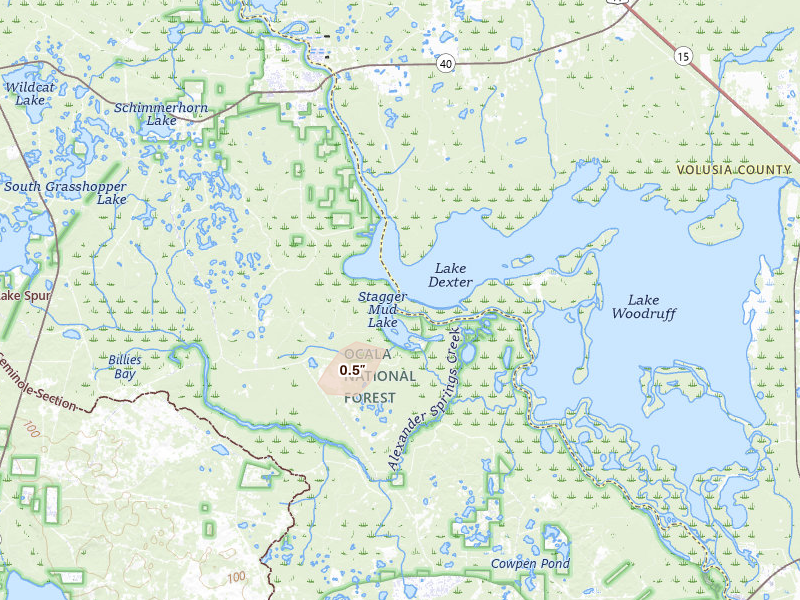 Radar-estimated hail-size map of the storm over De Leon Springs, FL on Aug 17, 2026