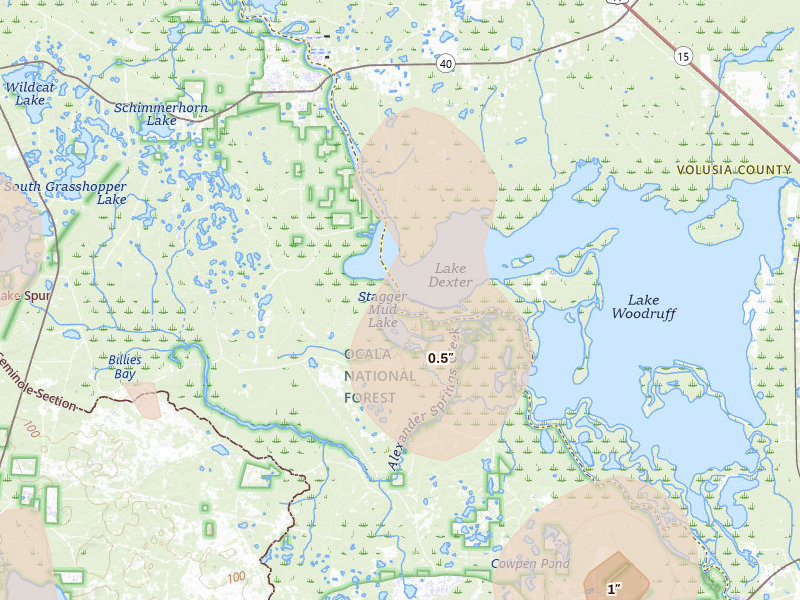 Radar-estimated hail-size map of the storm over De Leon Springs, FL on Aug 20, 2026