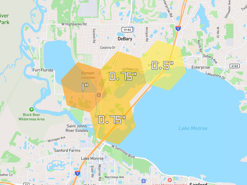 Hail map of Debary, FL on Jun 29, 2026, hail up to 1"