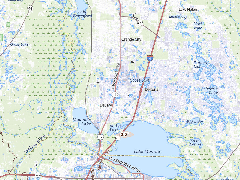Radar-estimated hail-size map of the storm over Debary, FL on Jul 6, 2026