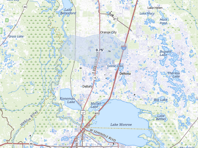 NEXRAD radar-signature map of the hail storm over Debary, FL on Jul 7, 2026