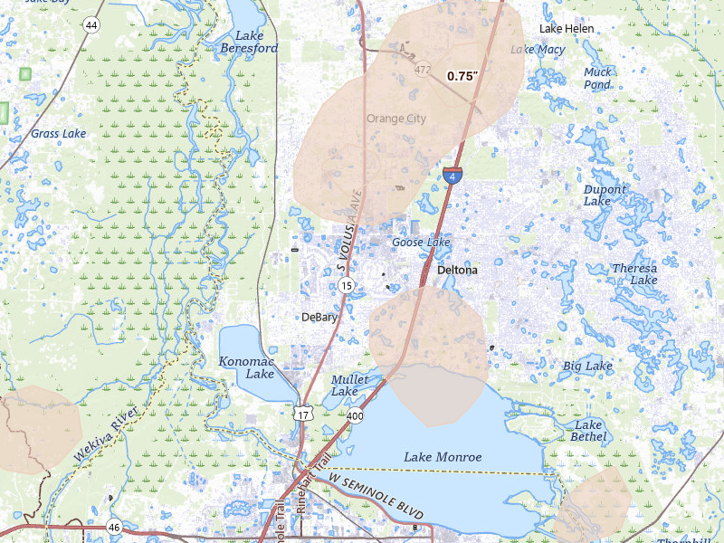 Radar-estimated hail-size map of the storm over Debary, FL on Jul 8, 2026