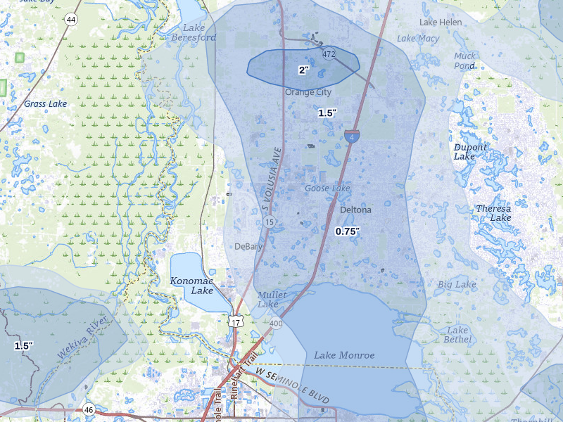 NEXRAD radar-signature map of the hail storm over Debary, FL on Jul 8, 2026