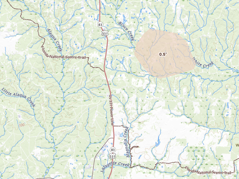 Radar-estimated hail-size map of the storm over Defuniak Springs, FL on Jun 1, 2026