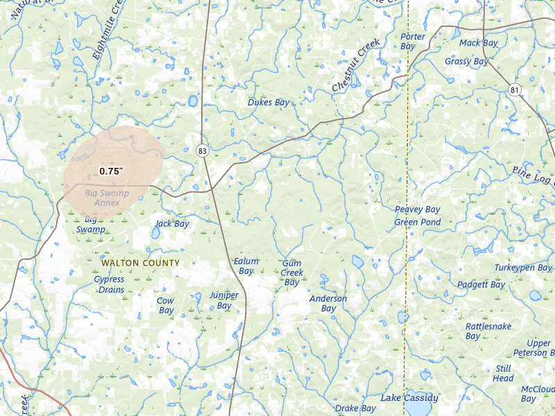 Radar-estimated hail-size map of the storm over Defuniak Springs, FL on Jul 10, 2026