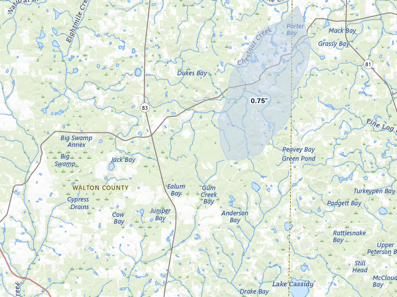 NEXRAD radar-signature map of the hail storm over Defuniak Springs, FL on Jul 29, 2026