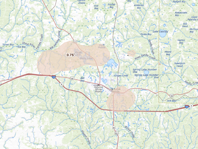 Radar-estimated hail-size map of the storm over Defuniak Springs, FL