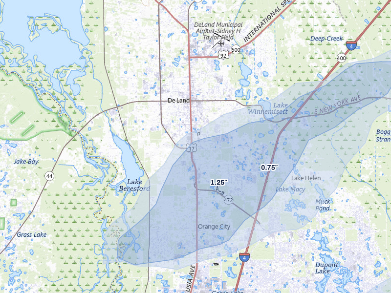 NEXRAD radar-signature map of the hail storm over Deland, FL on Mar 16, 2026