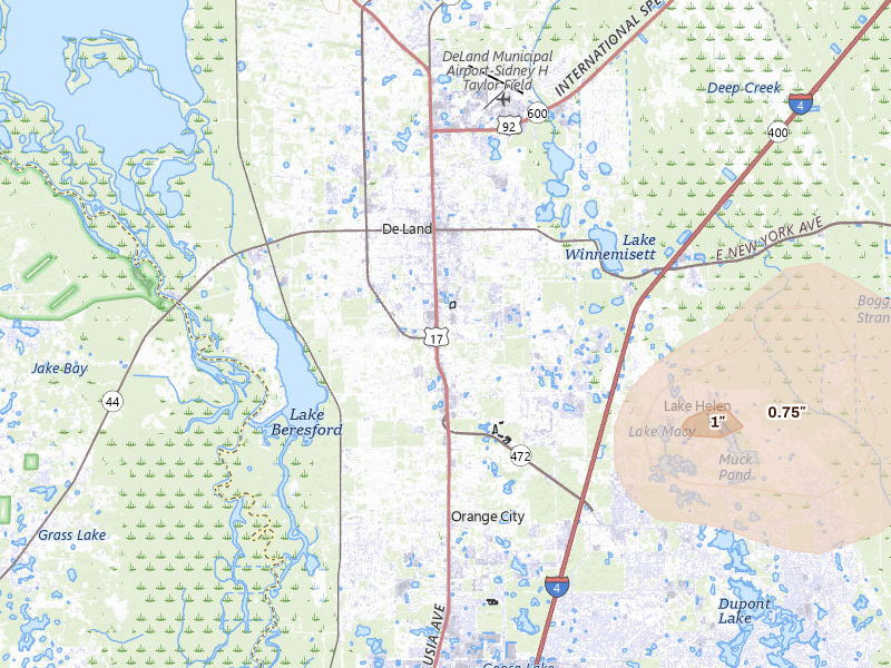Radar-estimated hail-size map of the storm over Deland, FL on Jun 24, 2026