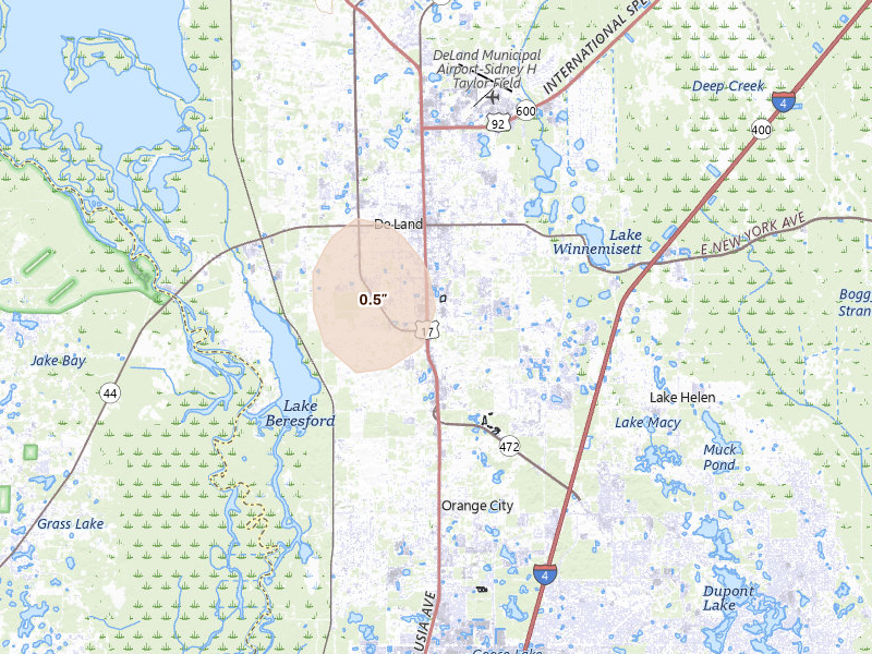 Radar-estimated hail-size map of the storm over Deland, FL on Jun 29, 2026