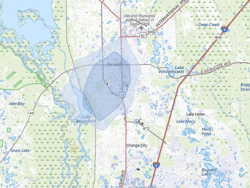 NEXRAD radar-signature map of the hail storm over Deland, FL on Jun 29, 2026