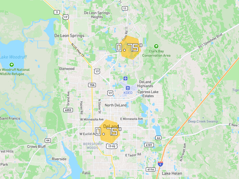 Hail map of Deland, FL on Jun 30, 2026, hail up to 0.75"