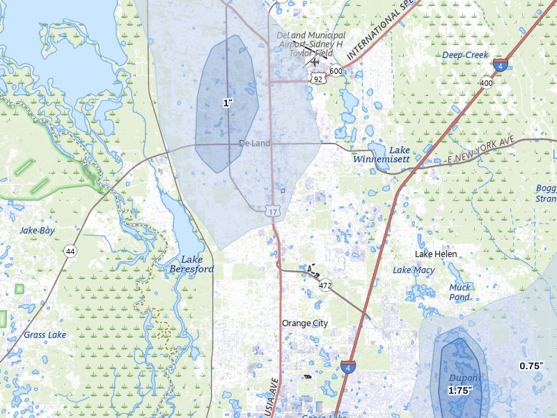 NEXRAD radar-signature map of the hail over Deland, FL