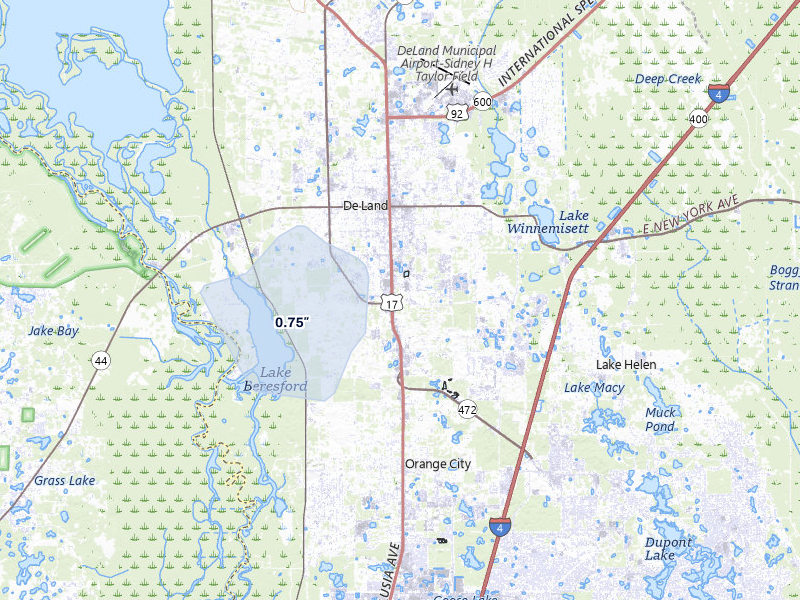 NEXRAD radar-signature map of the hail storm over Deland, FL on Jul 6, 2026