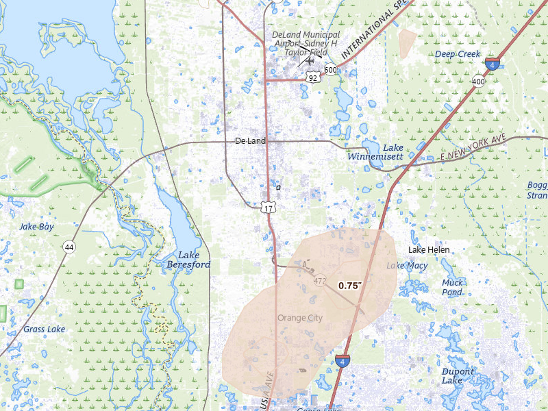 Radar-estimated hail-size map of the storm over Deland, FL on Jul 8, 2026