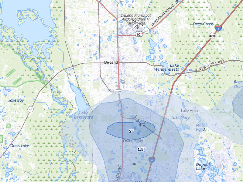 NEXRAD radar-signature map of the hail storm over Deland, FL on Jul 8, 2026