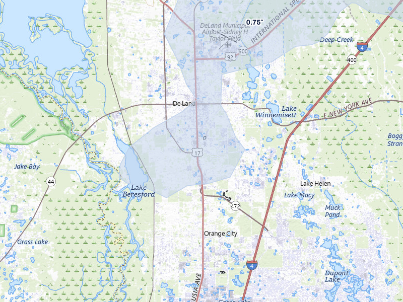 NEXRAD radar-signature map of the hail storm over Deland, FL on Jul 12, 2026