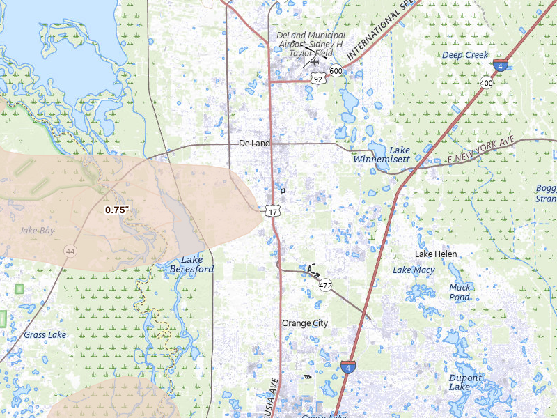 Radar-estimated hail-size map of the storm over Deland, FL on Jul 17, 2026