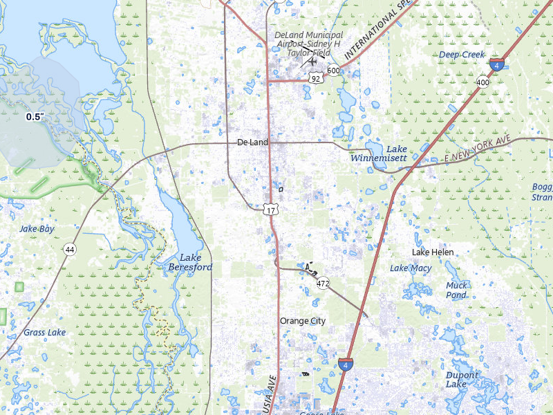 NEXRAD radar-signature map of the hail storm over Deland, FL on Jul 25, 2026