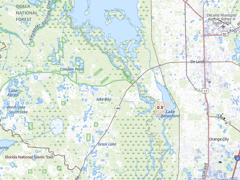 Radar-estimated hail-size map of the storm over Deland, FL on Aug 11, 2026
