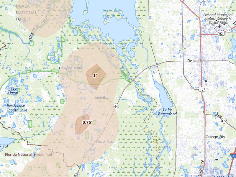 Radar-estimated hail-size map of the storm over Deland, FL on Aug 20, 2026