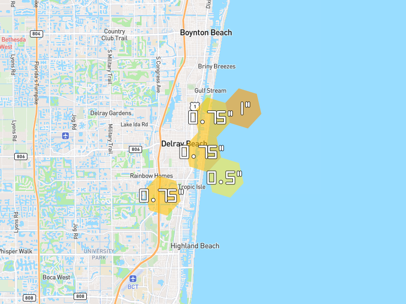 Hail map of Delray Beach, FL on Jul 26, 2026, hail up to 1"