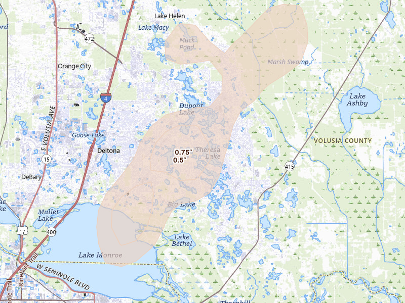 Radar-estimated hail-size map of the storm over Deltona, FL
