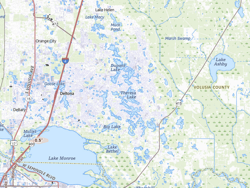 Radar-estimated hail-size map of the storm over Deltona, FL on Jul 6, 2026