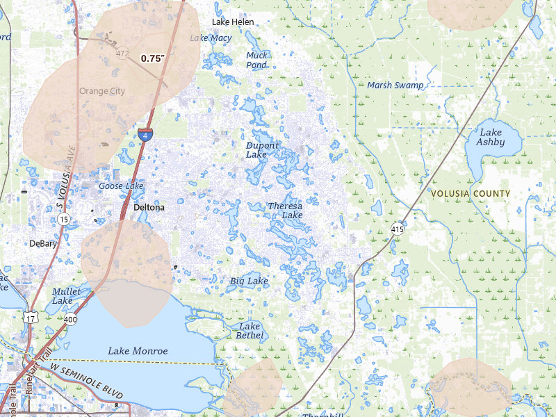 Radar-estimated hail-size map of the storm over Deltona, FL on Jul 8, 2026