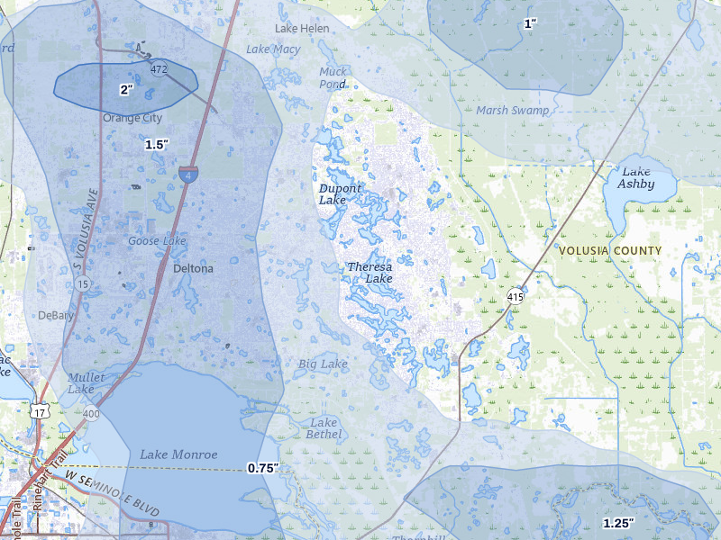 NEXRAD radar-signature map of the hail storm over Deltona, FL on Jul 8, 2026