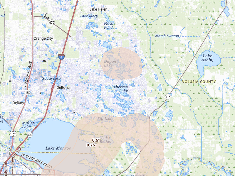 Radar-estimated hail-size map of the storm over Deltona, FL on Aug 26, 2026