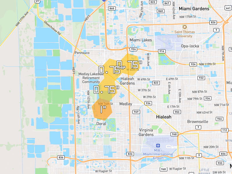 Hail map of Doral, FL on Jul 5, 2026, hail up to 1"