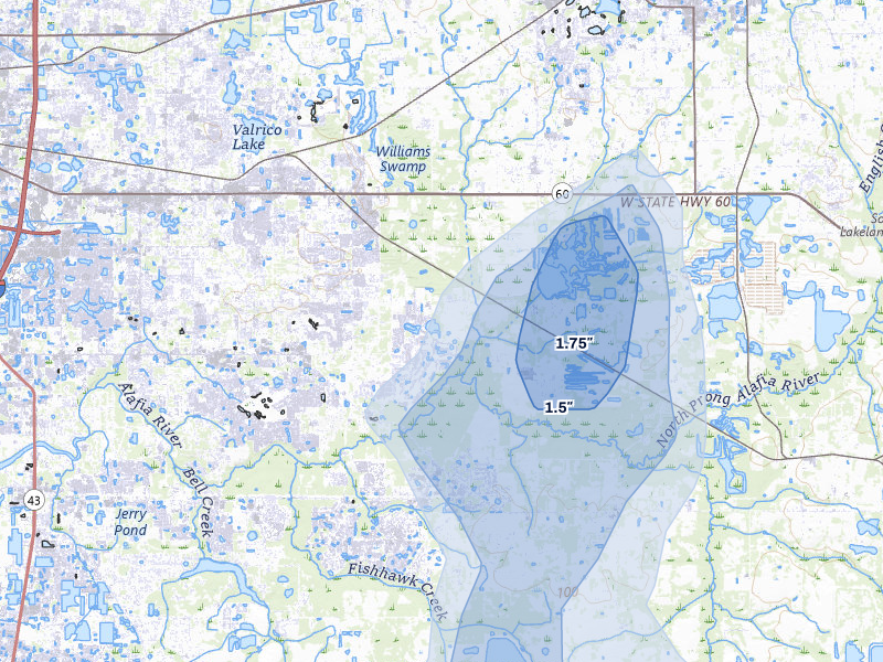NEXRAD radar-signature map of the hail over Dover, FL