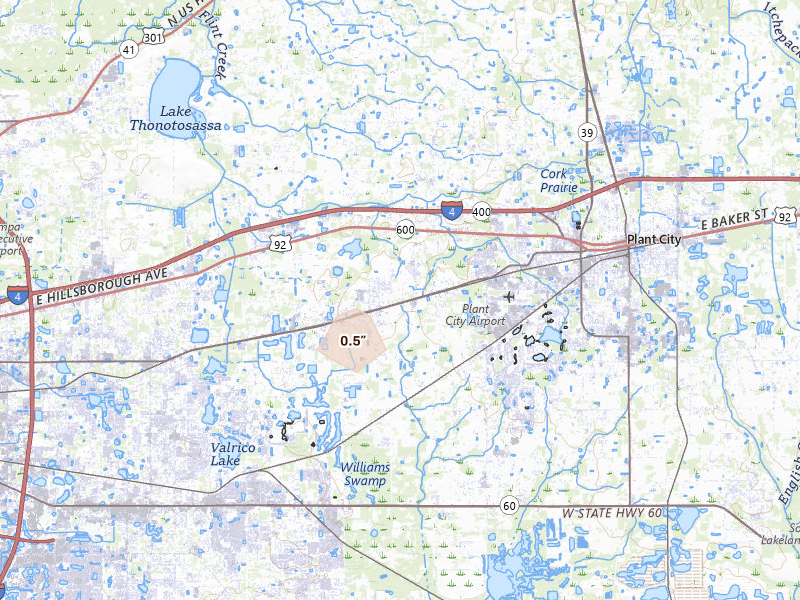 Radar-estimated hail-size map of the storm over Dover, FL on Jul 6, 2026