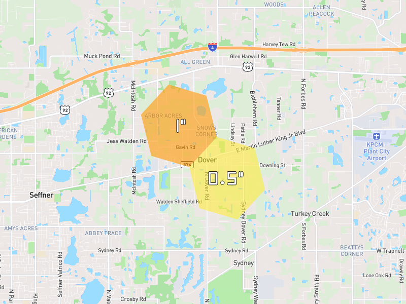 Hail map of Dover, FL on Jul 6, 2026, hail up to 1"